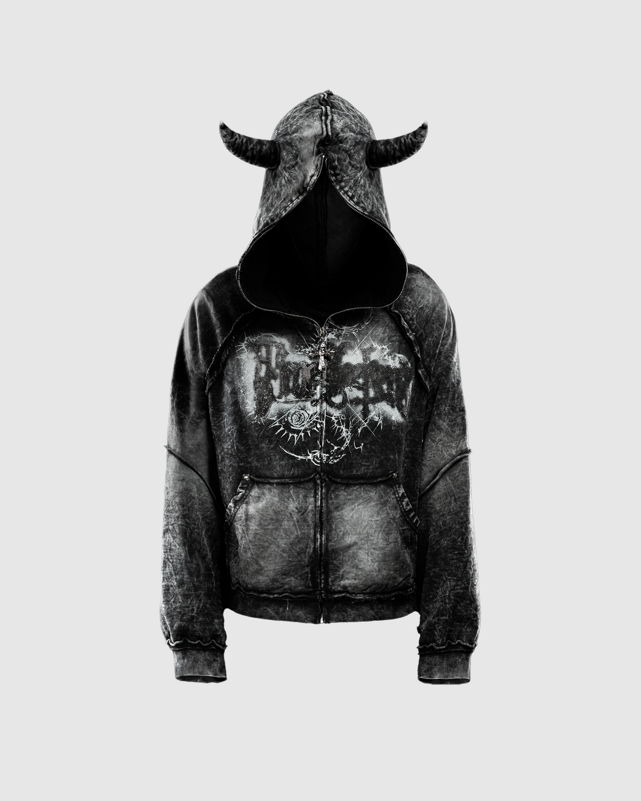 HOTTER THAN HELL 3.0 RHINESTONE ZIP-HOODIE BLACK WASHED
